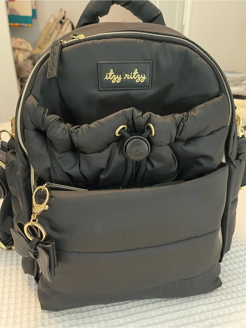Itzy Ritzy Black Quilted Backpack Diaper Bag Set with Gold Hardware